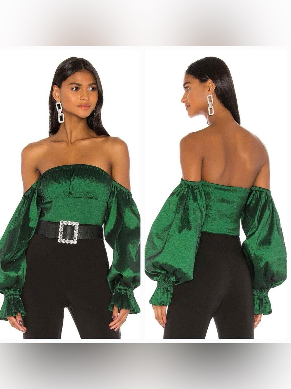 Lovers + Friends Off-Shoulder Puff Sleeve Satin Top in Emerald